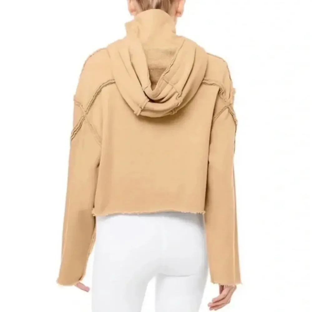 Alo Yoga Effortless Crop Hoodie Funnel Neck Taupe Raw Edge Est Large